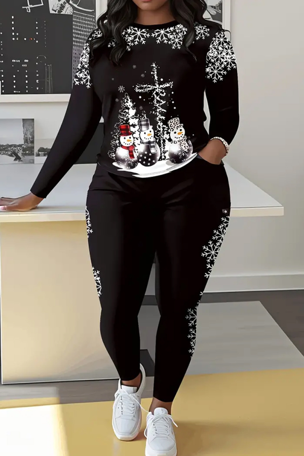 Black Casual Print Patchwork O Neck Long Sleeve Two Pieces