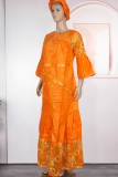Orange Casual Jacquard Zipper O Neck Long Plus Size Dresses
