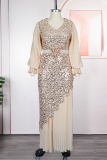 Champagne Elegant Solid Color Sequins O Neck Long Plus Size Dresses