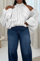 White Casual Solid Color Hollow Out Mandarin Collar Plus Size Tops