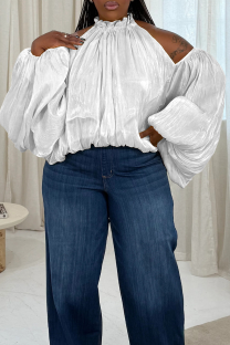 White Casual Solid Color Hollow Out Mandarin Collar Plus Size Tops