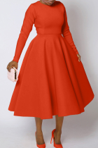 Tangerine Red Elegant Solid Color Zipper O Neck A Line Plus Size Dresses