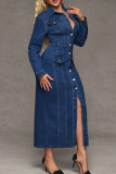 Deep Blue Casual Solid Color Buckle Turndown Collar Long Sleeve Bodycon Denim Dresses