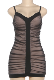 Black Sexy Solid Color Ruched Spaghetti Strap Wrapped Skirt Dresses