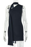 Black Sexy Solid Color Patchwork Oblique Collar Wrapped Skirt Dresses