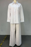 White Casual Solid Color Buckle Shirt Collar Long Sleeve Two Pieces
