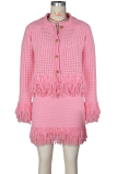 White Casual Solid Color Fringed Trim Turndown Collar Long Sleeve Two Pieces