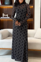 Black Elegant Print See-Through O Neck Long Dresses