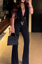 Black Sexy Solid Color Metal Accessories Trim Deep V Neck Bodycon Jumpsuits