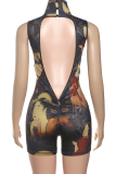 Blue Sexy Print Patchwork Mandarin Collar Regular Rompers