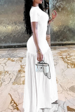 White Elegant Solid Color High Slit O Neck Long Dresses