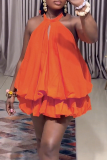 Orange Sexy Solid Color Ruched O Neck A Line Dresses