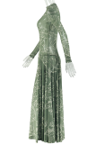 Green Elegant Print See-Through O Neck Long Dresses