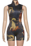Blue Sexy Print Patchwork Mandarin Collar Regular Rompers