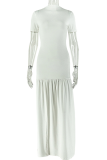White Elegant Solid Color High Slit O Neck Long Dresses