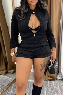 Black Street Solid Color Zipper O Neck Long Sleeve Two Pieces