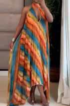Colour Casual Rainbow Stripe Backless Halter Irregular Dresses