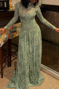Green Elegant Print See-Through O Neck Long Dresses