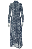 Black Elegant Print See-Through O Neck Long Dresses