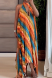 Colour Casual Rainbow Stripe Backless Halter Irregular Dresses
