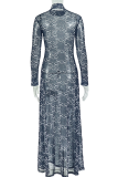 Black Elegant Print See-Through O Neck Long Dresses