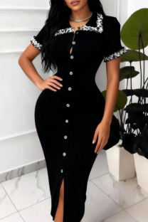Black Elegant Solid Color Buckle Turndown Collar Wrapped Skirt Dresses