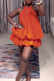 Orange Sexy Solid Color Ruched O Neck A Line Dresses
