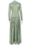 Green Elegant Print See-Through O Neck Long Dresses