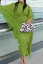 Green Casual Solid Color Fringed Trim Turtleneck Irregular Dresses