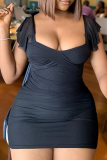 Black Sexy Solid Color Patchwork Square Neck Wrapped Skirt Dresses