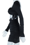 Black Sexy Solid Color Hollow Out Asymmetrical Collar Wrapped Skirt Dresses