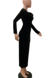 Black Elegant Solid Color Hot Drill Square Neck Long Dresses