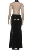 Black Sexy Solid Color Sequins Half A Turtleneck Long Dresses