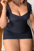 Black Sexy Solid Color Patchwork Square Neck Wrapped Skirt Dresses