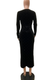 Black Elegant Solid Color Hot Drill Square Neck Long Dresses