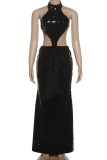 Black Sexy Solid Color Sequins Half A Turtleneck Long Dresses