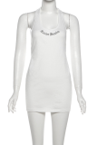 White Sexy Letters Hollow Out Halter Wrapped Skirt Dresses