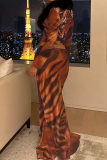 Brown Casual Print Buckle Turndown Collar Long Sleeve Two Pieces
