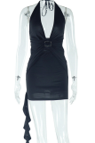 Black Sexy Solid Color Backless Halter Wrapped Skirt Dresses