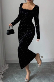 Black Elegant Solid Color Hot Drill Square Neck Long Dresses