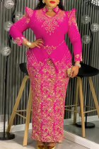 Rose Red Elegant Embroidery Slit Mandarin Collar Long Plus Size Dresses