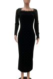 Black Elegant Solid Color Hot Drill Square Neck Long Dresses