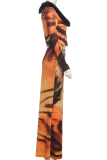 Brown Casual Print Buckle Turndown Collar Long Sleeve Two Pieces