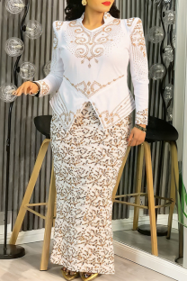 White Elegant Embroidery Slit Mandarin Collar Long Plus Size Dresses