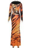 Brown Casual Print Buckle Turndown Collar Long Sleeve Two Pieces