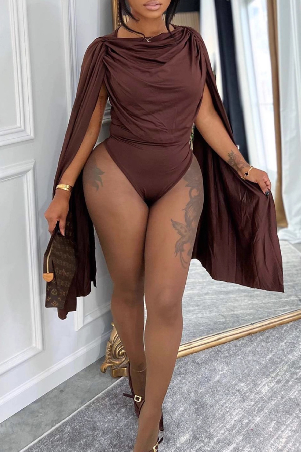 Brown Sexy Solid Color Ruched O Neck Regular Bodysuits