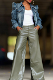 Blue Casual Solid Color Buckle Turndown Collar Long Sleeve Denim Jacket
