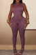 Purple Sexy Solid Color Backless O Neck Skinny Jumpsuits
