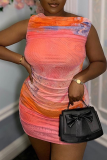 Orange Red Sexy Print Patchwork Off Shoulder Wrapped Skirt Dresses