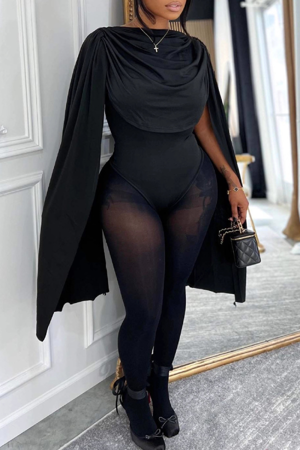 Black Sexy Solid Color Ruched O Neck Regular Bodysuits